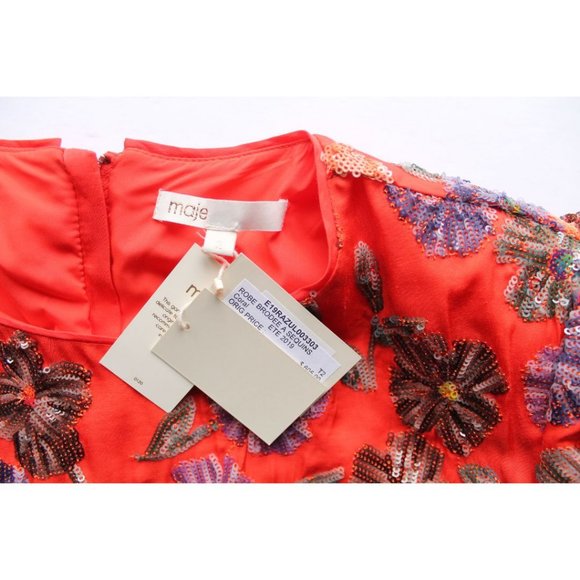 Maje Robe Brodée De Sequins Dress Coral Size 2 - Picture 7 of 11